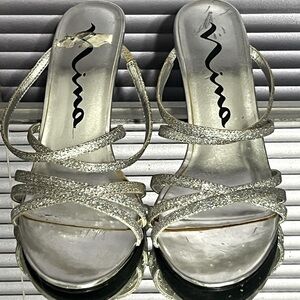 Nina silver glitter high heel sandal shoes vintage sparkly lucite heeled ladies